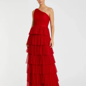 Red One Shoulder Layered Tiered Tulle Gown