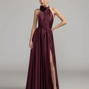 Purple Halter Neck Open Back Satin Gown With Slit