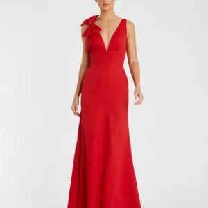 Red Sleeveless V Neck Bow Detail Mermaid Gown