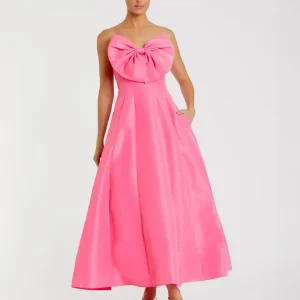 Pink Strapless A-Line Tea Length Statement Bow Dress
