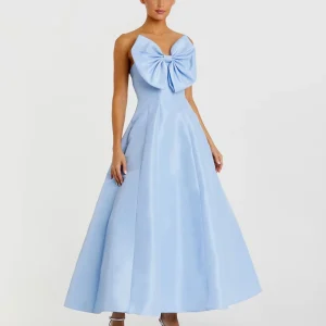 Strapless A-Line Tea Length Statement Bow Dress