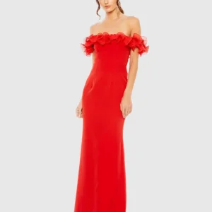 Off the Shoulder Ruffle Detail Column Gown