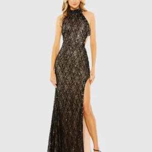 Black Side Cut Out High Neck Sequin Gown