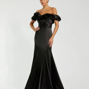 Black Satin Ruffle Off the Shoulder Mermaid Gown