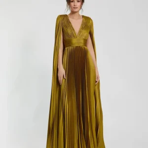 Petite Green Pleated Charmeuse V Neck Gown With Cape
