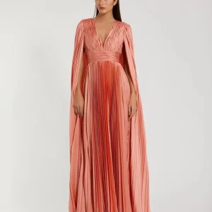 Pink Pleated Charmeuse V Neck Gown With Cape