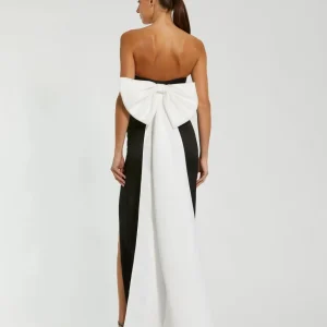 Black Satin Strapless Bustier Gown With Oversized Bow