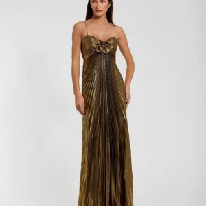 Gold Metallic Pleated Gown with 3D Flower
