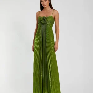 Green Metallic Pleated Gown With 3D Flower