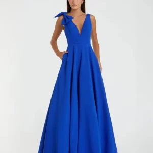 Blue Sleeveless Plunge Neck Ball Gown With Bow Detail
