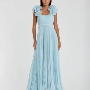 Blue Pleated Organza Gown With Ruffle Straps