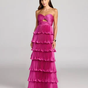 Dark Pink Pleated Charmeuse Strapless Tiered Ruffle Gown