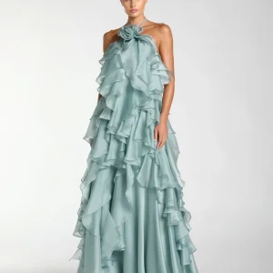 Blue Halter Neck Open Back Trapeze Ruffle Gown