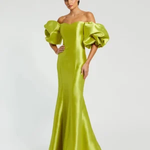 Green Sweetheart Off The Shoulder Puff Sleeve Gown