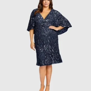 Navy Embellished Cape Sleeve Cocktail Dress (Plus)