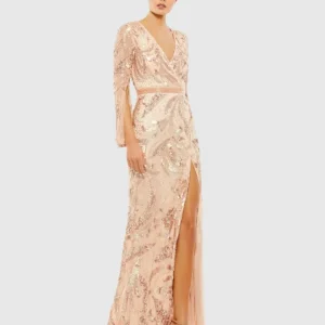 Pink Sequined Faux Wrap Split Long Sleeve Gown