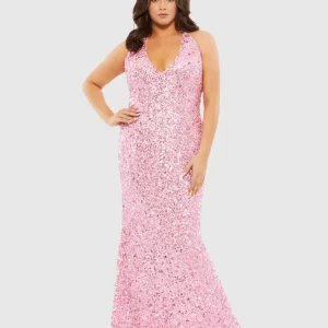 Pink Sequined Halter Strap Open Back Trumpet Gown (Plus)