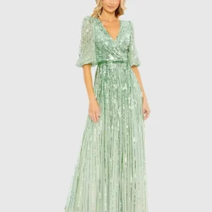 Green Sequined Wrap Over 3/4 Sleeve Gown