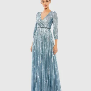 Sequined Wrap Over 3/4 Sleeve Gown