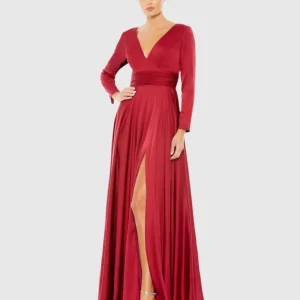 Red Long Sleeve Ruched Waist A-Line Gown