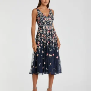 Navy V-Neck Sleeveless Midi Floral Beaded A-line Dress