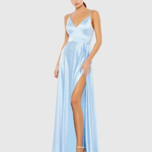 Satin Strappy-Back High Slit Gown