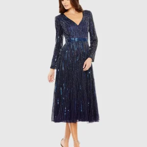 Navy Long Sleeve Tea Length Dress