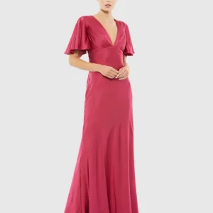 Flounce Sleeve V-Neck Trumpet Gown