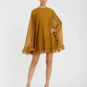 Dark Yellow High Neck Ruffle Hem Cape Mini Dress
