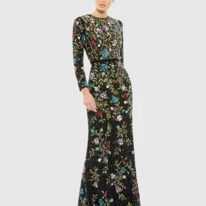 Black Floral Embellished Long Sleeve Gown