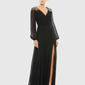 Black Embellished Shoulder Blouson Sleeve Evening Gown