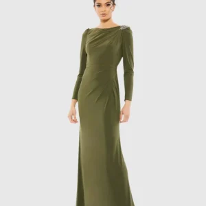 Green Draped Bateau Long Sleeve Trumpet Gown