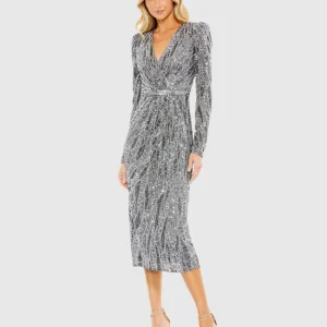 Silver Long Sleeve V Neck Beaded Cocktail Dress