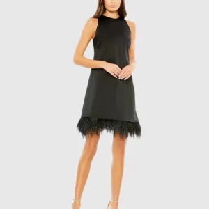 Feathered Hem High Neck Sleeveless A Line Dress