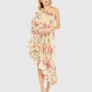 Beige Floral Print One Shoulder Cape Dress