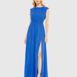 Blue Pleated Bateau Cap Sleeve A Line Gown