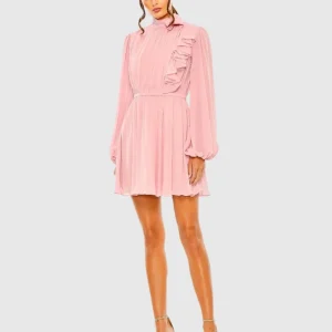 Draped High Neck Long Sleeve Mini Dress