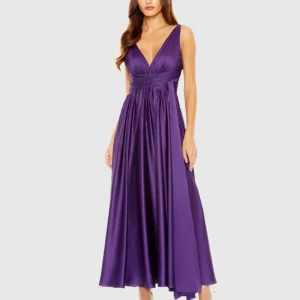 Purple Ruched Top Satin Pleated Tea Length Dress