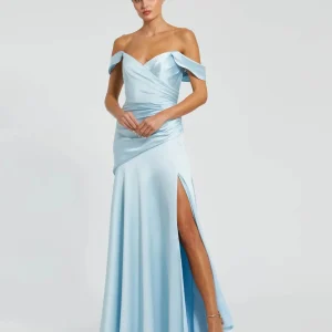 Blue Satin Off The Shoulder Crossover Gown
