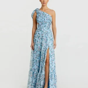 Blue Floral Chiffon One Shoulder Gown