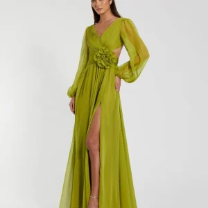 Green Long Sleeve V-Neck Chiffon Gown With 3D Flower