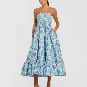 Blue Floral Brocade Strapless A Line Midi Dress