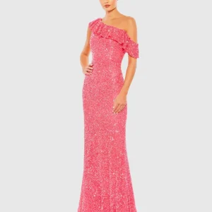 Pink Sequined Drop Shoulder Trumpet Gown