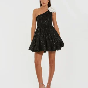 Black One Shoulder Sequin Mini Dress With 3D Flower