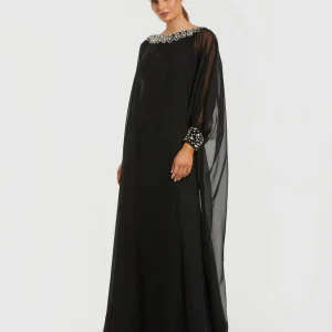 Black Long Sleeve Embellished Chiffon Kaftan Gown