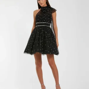 Black Pearl Embellished A Line Mini Dress with Bow