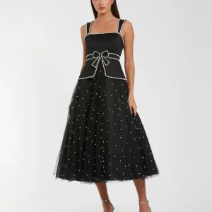 Black Sleeveless Embellished Crepe And Tulle Midi Dress