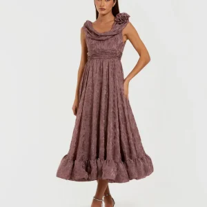 Mauve Sleeveless Cowl Neck Chiffon Midi Dress
