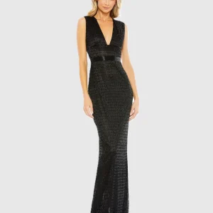 Beaded Cap Sleeve V Neck Column Gown