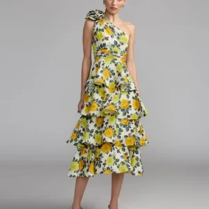 Yellow One Shoulder Floral Tiered Midi Dress